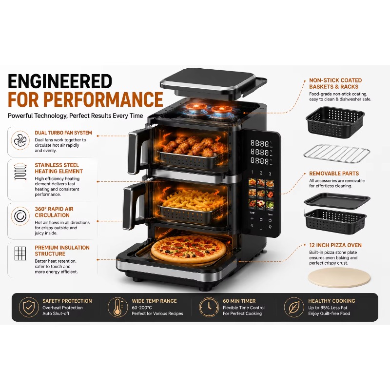 Air Fryer - 電気式エアフライヤー、ピザ焼き機能付き。7L＋5L＋12インチの2つのバスケット、LCDディスプレイ、3年保証、折りたたみ式タッチスクリーン。