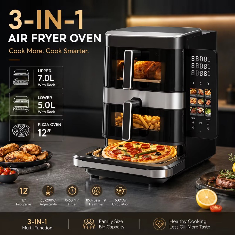 電気式エアフライヤー、ピザ焼き機能付き。7L＋5L＋12イン - Air Fryer のレビューと価格