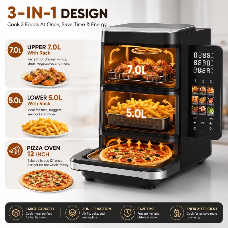 電気式エアフライヤー、ピザ焼き機能付き。7L＋5L＋12イン - Air Fryer のレビューと価格