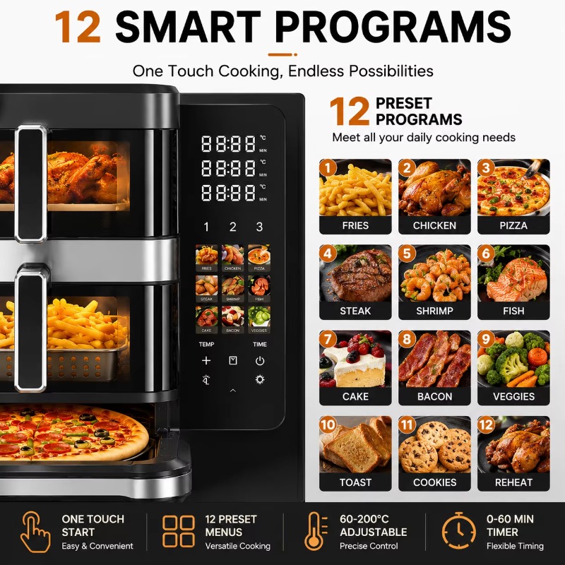 電気式エアフライヤー、ピザ焼き機能付き。7L＋5L＋12イン - Air Fryer のレビューと価格